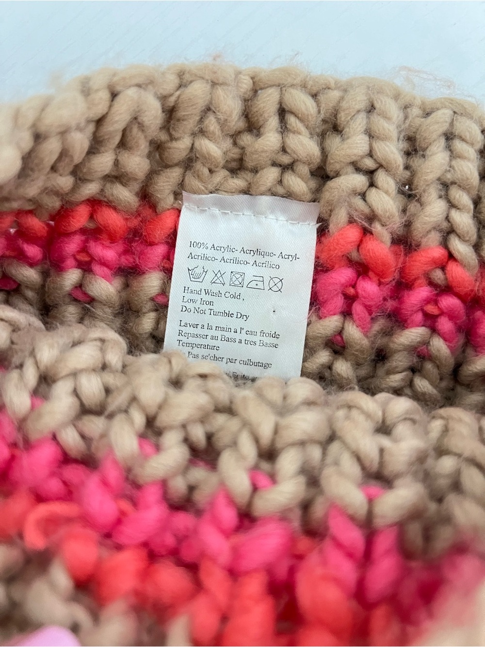 Free People tan brown pink orange striped slouchy pom pom beanie one size - Picture 5 of 6